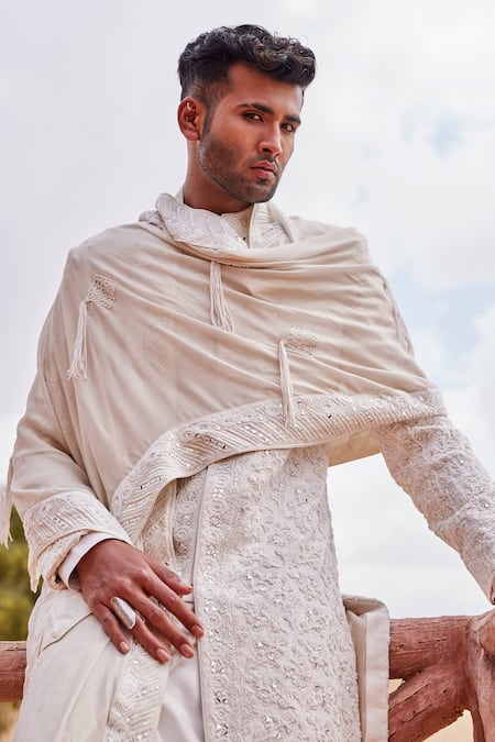 Sarab Khanijou Silk Mirror & Pearl Embroidered Sherwani Set 