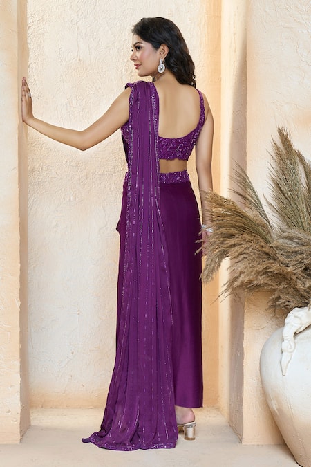 Aariyana Couture Purple Modal, Satin, Silk Embroidery Round Neck Pre-draped Saree With Blouse Online at Aza Fashions Aariyana Couture_Purple Modal, Satin, Silk Embroidery Round Neck Pre-draped Saree With Blouse_Online_at_Aza_Fashions