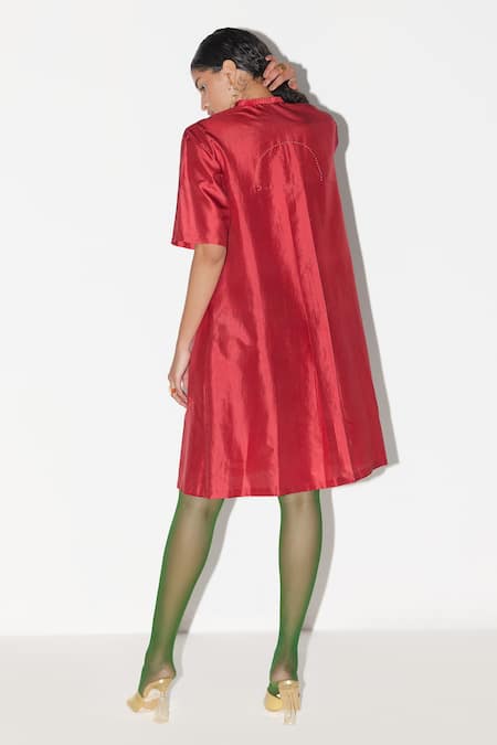 Shop Febo6 Red Silk Embroidery Sun And Sunflower Shift Dress at Aza Fashions Shop_Febo6_Red Silk Embroidery Sun And Sunflower Shift Dress _at_Aza_Fashions