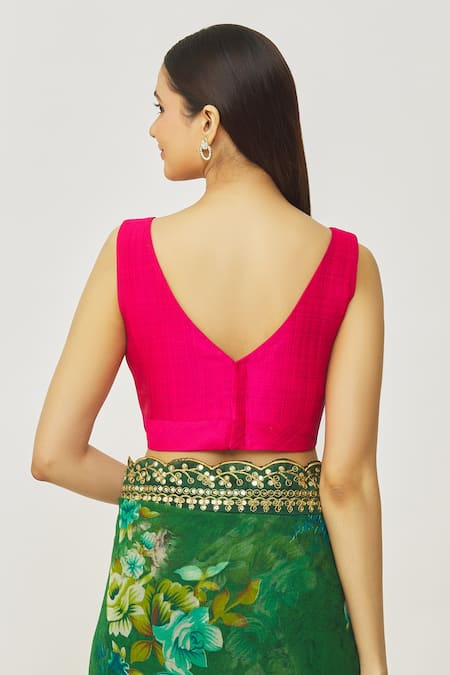 Shop Naintara Bajaj Pink Muslin Plunge Neck Sleeveless Solid Blouse at Aza Fashions Shop_Naintara Bajaj_Pink Muslin Plunge Neck Sleeveless Solid Blouse _at_Aza_Fashions