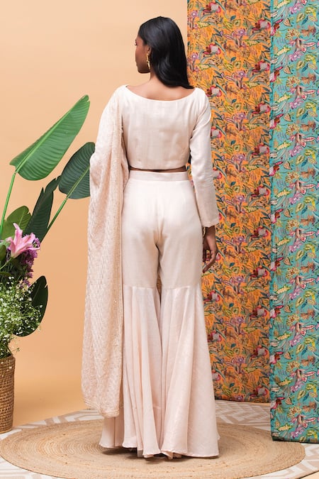 Shop_Rishi and Vibhuti_Gold Linen Sequins, Embroidery Boat Neck Kate Sharara Saree With Blouse _at_Aza_Fashions