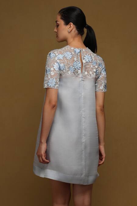 Buy Blue Organza Embroidered Thread Work Round Neck Yoke Shift