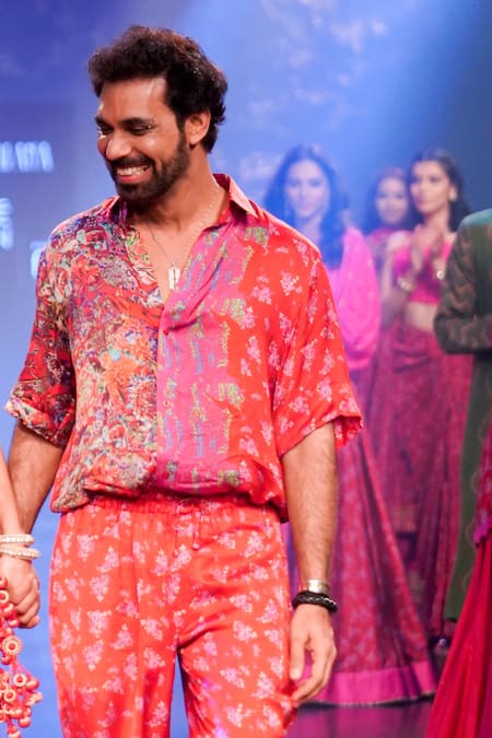 Shop Punit Balana Red Silk Satin Embroidery Floral Print Shirt And Pant Set at Aza Fashions Shop_Punit Balana_Red Silk Satin Embroidery Floral Print Shirt And Pant Set _at_Aza_Fashions