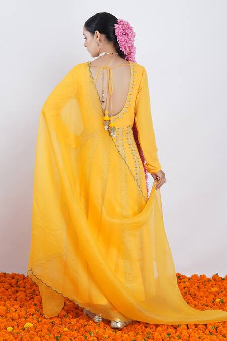 Shop_Rashi Jain_Yellow Viscose Georgette Embroidered Sequin And Zari Work Deep Suraj Anarkali Set _at_Aza_Fashions