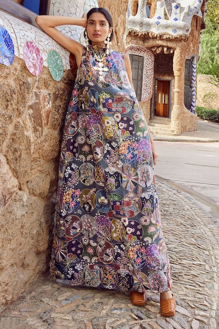 Shop_Aisha Rao_Blue Organza Applique High Neck Trencadis Gown _at_Aza_Fashions