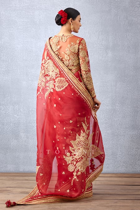 Shop_Torani_Red Silk Organza Embroidery Sindoori Taashi Saree _at_Aza_Fashions