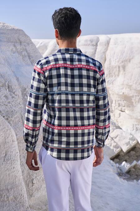 Shop Dash And Dot Blue Cotton Embroidery Tape Check Shirt at Aza Fashions Shop_Dash And Dot_Blue Cotton Embroidery Tape Check Shirt_at_Aza_Fashions
