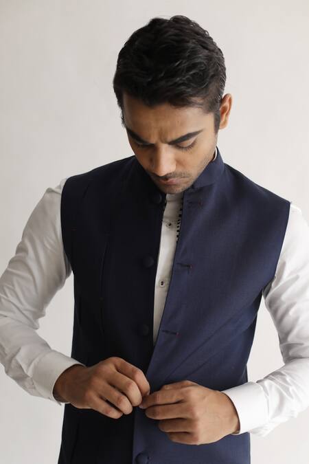 Shop_Kaha_Blue Satin Box Pleated Nehru Jacket_at_Aza_Fashions
