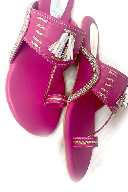 Shop Foot Fuel Pink Rhinestone Studded Kolhapuri Flats at Aza Fashions Shop_Foot Fuel_Pink Rhinestone Studded Kolhapuri Flats _at_Aza_Fashions