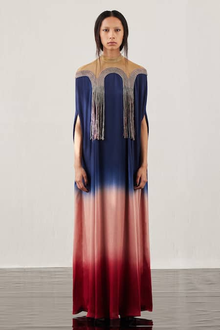 Shop Akhl Blue Satin (66% Viscose 34% Modal) + Textured Yarn ( 50% Cotton Gradient Kaftan at Aza Fashions Shop_Akhl_Blue Satin (66% Viscose 34% Modal) + Textured Yarn ( 50% Cotton Gradient Kaftan _at_Aza_Fashions