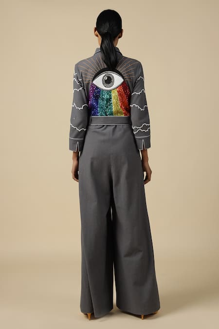 Shop Shahin Mannan Grey Cotton Embroidery, Buckles Cloud And Rainbow Pattern Jumpsuit With Belt at Aza Fashions Shop_Shahin Mannan_Grey Cotton Embroidery, Buckles Cloud And Rainbow Pattern Jumpsuit With Belt _at_Aza_Fashions