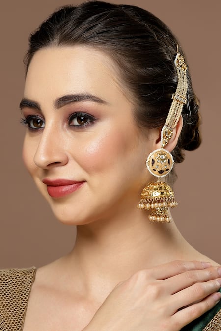 Shop Dugran By Dugristyle Peach Pearls Meenakari Embellished Jhumkas at Aza Fashions Shop_Dugran By Dugristyle_Peach Pearls Meenakari Embellished Jhumkas _at_Aza_Fashions