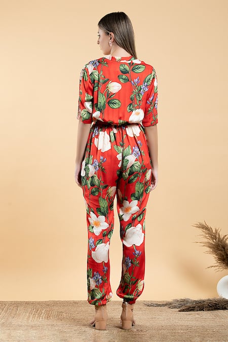 Shop_Divi by sonal khandelwal_Red Modal, Satin, Viscose Collared Wild Rose Print Jumpsuit _at_Aza_Fashions