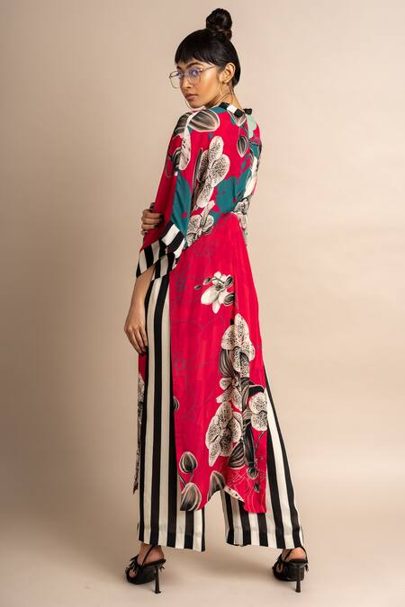 Shop_Nupur Kanoi_Magenta Crepe Digital Print Striped And Floral Notched Top & Pyjama Set  _at_Aza_Fashions