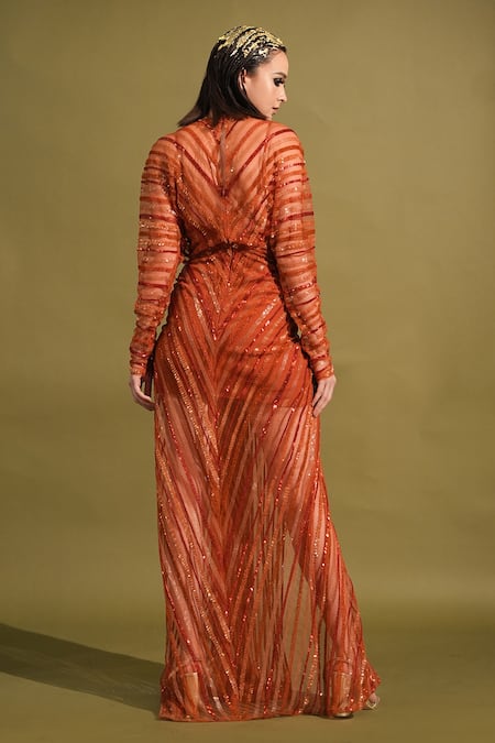 Shop_Nikita Mhaisalkar_Orange Tulle Sequins V-neck Embellished And Draped Slit Maxi Dress _at_Aza_Fashions