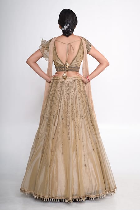 Shop_Merge Design_Gold Organza, Chiffon, Crepe Sequins, Zari, Beads V-neck Embroidered Lehenga Set _at_Aza_Fashions