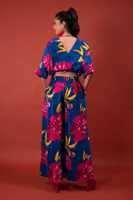 Shop_Rimi Nayak_Blue Modal, Crepe Chrysanthemum Flower Print Box Pleated Trouser _at_Aza_Fashions