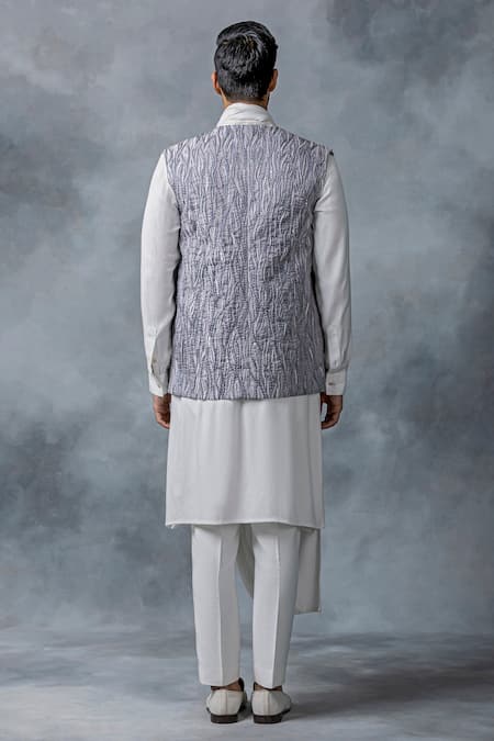 Shop Sarab Khanijou Grey Organza, Modal Embroidery, Pearls Work Waist Coat With White Kurta Set at Aza Fashions Shop_Sarab Khanijou_Grey Organza, Modal Embroidery, Pearls Work Waist Coat With White Kurta Set _at_Aza_Fashions