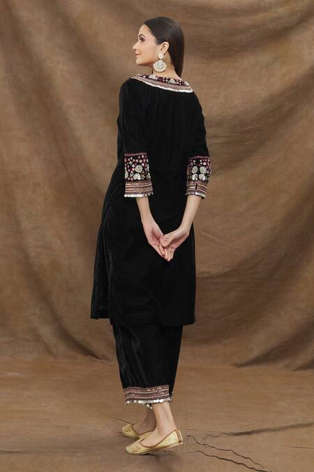 Shop_Kanj by Priyanka A Sakhuja_Black Velvet Embroidery 3d Coin Round Kurta Palazzo Set _at_Aza_Fashions