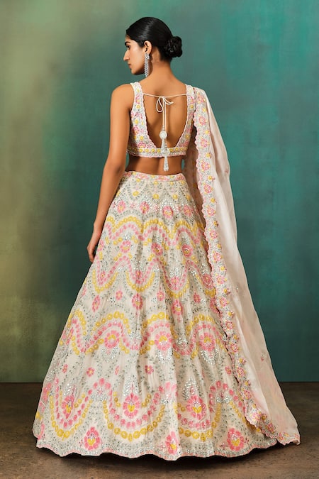 Shop Aneesh Agarwaal Ivory Organza, Net, Silk Cut Work, Sequins, Applique, Floral Bridal Lehenga Set at Aza Fashions Shop_Aneesh Agarwaal_Ivory Organza, Net, Silk Cut Work, Sequins, Applique, Floral Bridal Lehenga Set _at_Aza_Fashions