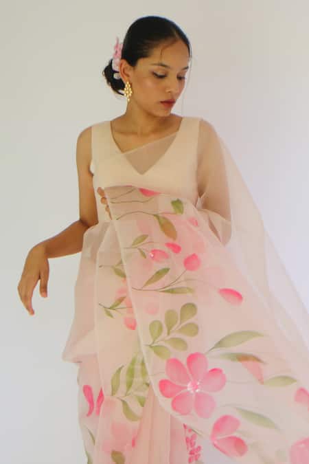 Shop Meghstudio Pink Organza, Modal, Silk Sequins Kyari Pattern Hand Painted Saree at Aza Fashions Shop_Meghstudio_Pink Organza, Modal, Silk Sequins Kyari Pattern Hand Painted Saree_at_Aza_Fashions