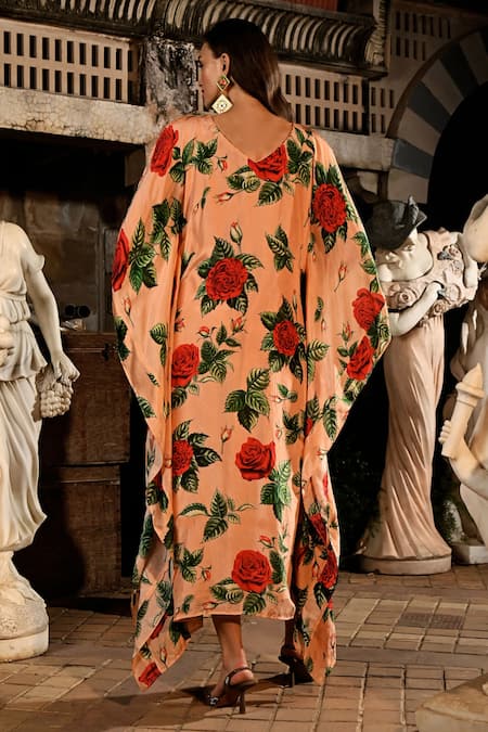 Shop_Sanam_Peach Silk Embroidery V-neck Joanna Flared Kaftan Dress _at_Aza_Fashions