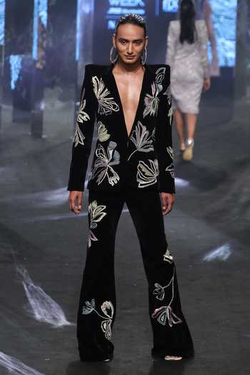 Shop Ritika Mirchandani Black Suede Beads, Diamonds Lina Flower Embroidered Blazer And Pant Set at Aza Fashions Shop_Ritika Mirchandani_Black Suede Beads, Diamonds Lina Flower Embroidered Blazer And Pant Set _at_Aza_Fashions