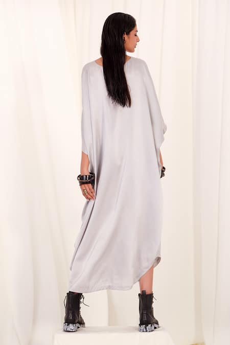 Shop AK-OK Grey Silk V-neck Printed Kaftan Dress at Aza Fashions Shop_AK-OK_Grey Silk V-neck Printed Kaftan Dress _at_Aza_Fashions