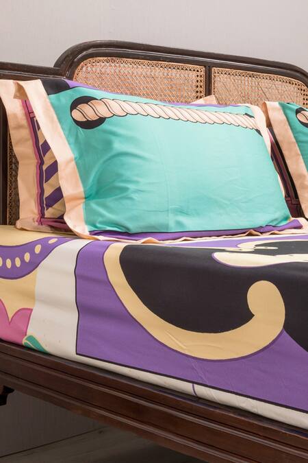 Shop Kyoona Purple 100% Cotton Printed The Monks Tangerine Geometric Bedsheet Set at Aza Fashions Shop_Kyoona_Purple 100% Cotton Printed The Monks Tangerine Geometric Bedsheet Set_at_Aza_Fashions