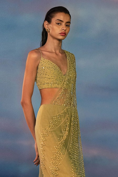 Shop Rohit Gandhi + Rahul Khanna Green Viscose Crystals, Sequins Pre-draped Peridot Embroidered Saree With Blouse at Aza Fashions Shop_Rohit Gandhi + Rahul Khanna_Green Viscose Crystals, Sequins Pre-draped Peridot Embroidered Saree With Blouse _at_Aza_Fashions