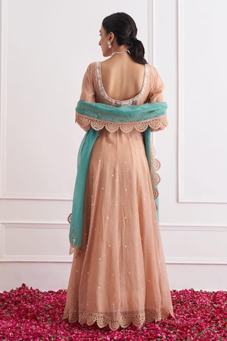 Shop Shipraa Grover Beige Cotton Embroidery Round Neck Nora Anarkali Set at Aza Fashions Shop_Shipraa Grover_Beige Cotton Embroidery Round Neck Nora Anarkali Set _at_Aza_Fashions