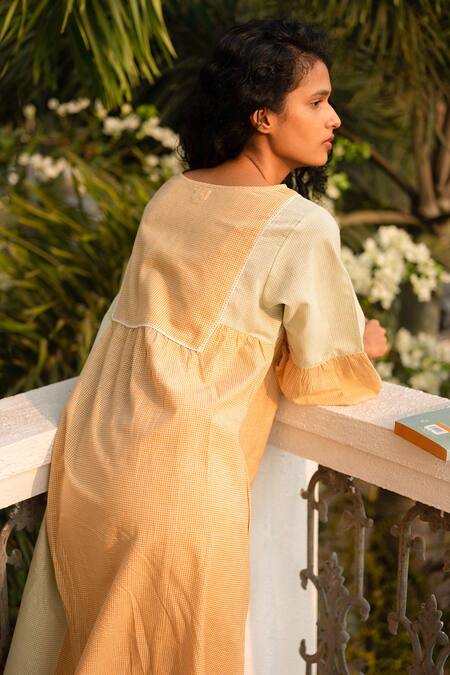 Buy_Banera_Yellow Cotton Round Neck Checkered Print Maxi Dress_Online_at_Aza_Fashions