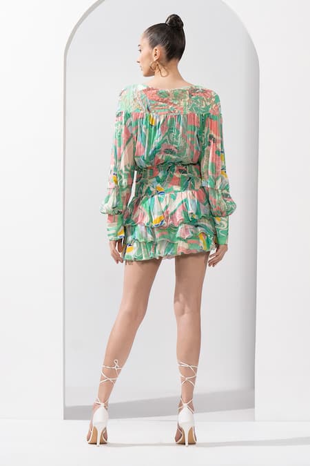 Mandira Wirk Resort_Green Chiffon Round Neck Abstract Print Top And Skirt Set _Online_at_Aza_Fashions