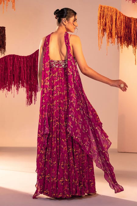 Shop Silky Bindra Purple Georgette, Satin Hibiscus Floral Print Anarkali With Choker Dupatta at Aza Fashions Shop_Silky Bindra_Purple Georgette, Satin Hibiscus Floral Print Anarkali With Choker Dupatta _at_Aza_Fashions