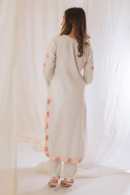 Shop Vaani Beswal Off White Kurta- Handwoven Cotton Silk, Placket Embroidered And Pant Set at Aza Fashions Shop_Vaani Beswal_Off White Kurta- Handwoven Cotton Silk, Placket Embroidered And Pant Set _at_Aza_Fashions