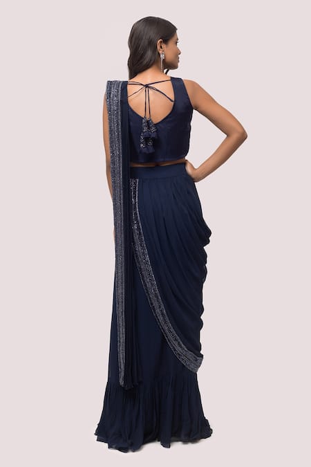 Onaya Embellished Navy Blue Pre-Draped Saree Set
