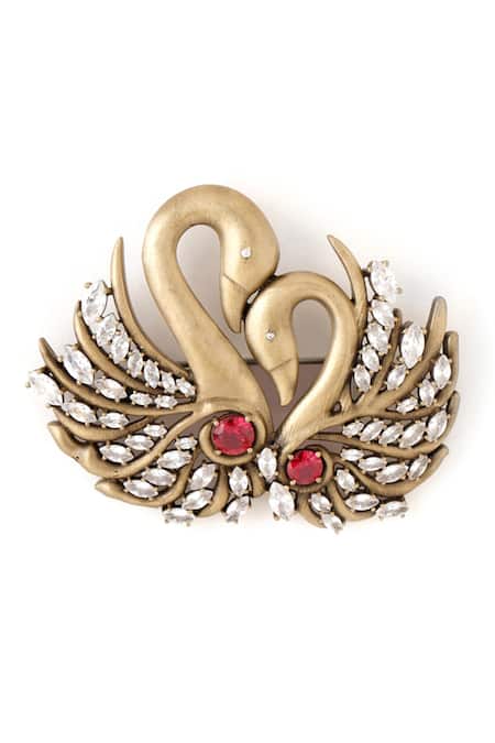 Shop_Cosa Nostraa_Gold Stones Twin Swan Embellished Brooch _at_Aza_Fashions