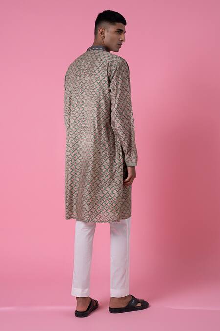 Shop Siddhartha Bansal Grey Chanderi Printed Geometric Kurta And Pant Set at Aza Fashions Shop_Siddhartha Bansal_Grey Chanderi Printed Geometric Kurta And Pant Set _at_Aza_Fashions
