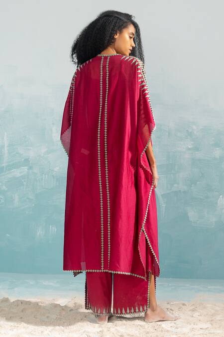 Shop Ikai By Ragini Ahuja Pink Cotton, Silk, Chanderi Applique V-neck Nile Cutwork Kaftan at Aza Fashions Shop_Ikai By Ragini Ahuja_Pink Cotton, Silk, Chanderi Applique V-neck Nile Cutwork Kaftan_at_Aza_Fashions