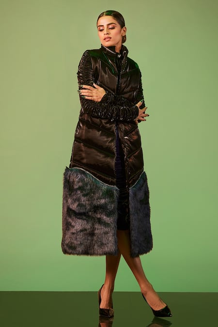 Shop Sameer Madan Black Faux Leather Open Neck Aradia Sleeveless Gilet Jacket at Aza Fashions Shop_Sameer Madan_Black Faux Leather Open Neck Aradia Sleeveless Gilet Jacket _at_Aza_Fashions