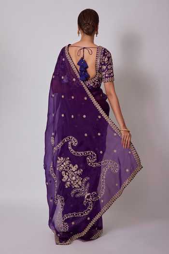 Shop Onaya Purple Organza Zardozi Deep U Neck Embroidered Saree With Blouse at Aza Fashions Shop_Onaya_Purple Organza Zardozi Deep U Neck Embroidered Saree With Blouse_at_Aza_Fashions