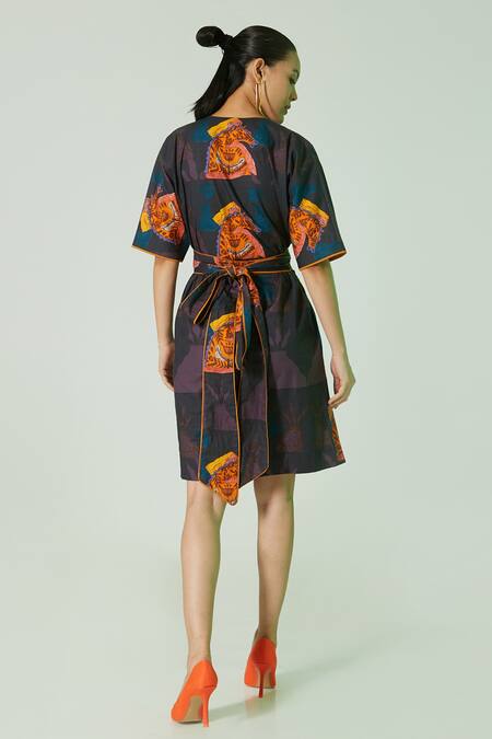 Shop_Ekastories_Black Cotton V-neck Printed Wrap Dress _at_Aza_Fashions