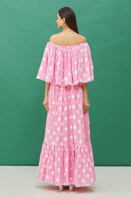 Shop Samyukta Singhania Pink Cotton Lace Off-shoulder Polka Dot Print Tiered Dress at Aza Fashions Shop_Samyukta Singhania_Pink Cotton Lace Off-shoulder Polka Dot Print Tiered Dress_at_Aza_Fashions