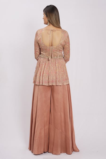 Shop_Vana Ethnics_Brown Silk Printed Geometric Round Peplum Top Palazzo Set _at_Aza_Fashions