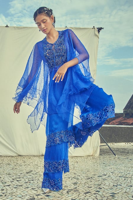 Shop Surily G Blue Satin Organza Embroidered Floral Cutwork Ruffle Layered Sharara at Aza Fashions Shop_Surily G_Blue Satin Organza Embroidered Floral Cutwork Ruffle Layered Sharara _at_Aza_Fashions