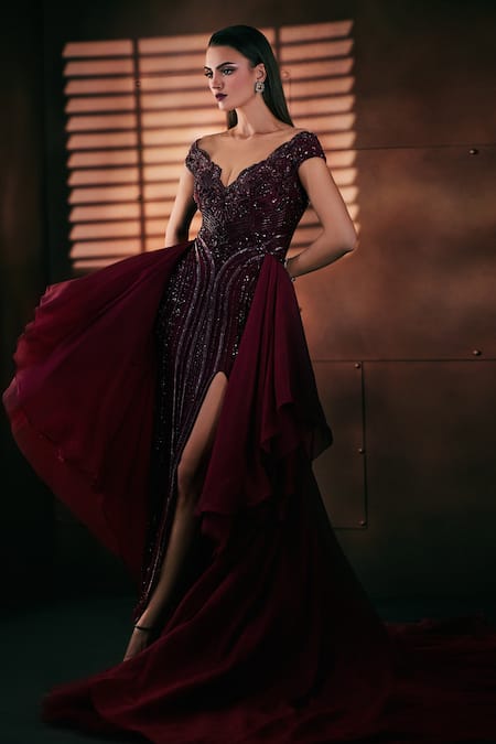Bhawna Rao Burgundy Hand Embroidered Gown & Skirt 