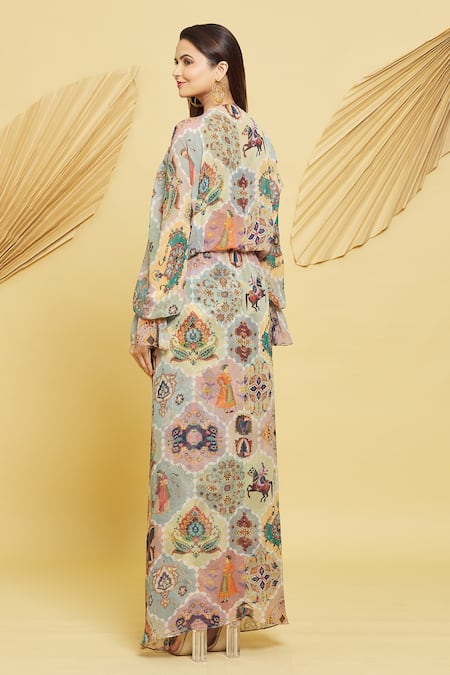 Shop Rajat K Tangri Multi Color Crepe, Georgette Tassels Mughal Motifs Ruched Jacket And Pant Set at Aza Fashions Shop_Rajat K Tangri_Multi Color Crepe, Georgette Tassels Mughal Motifs Ruched Jacket And Pant Set _at_Aza_Fashions