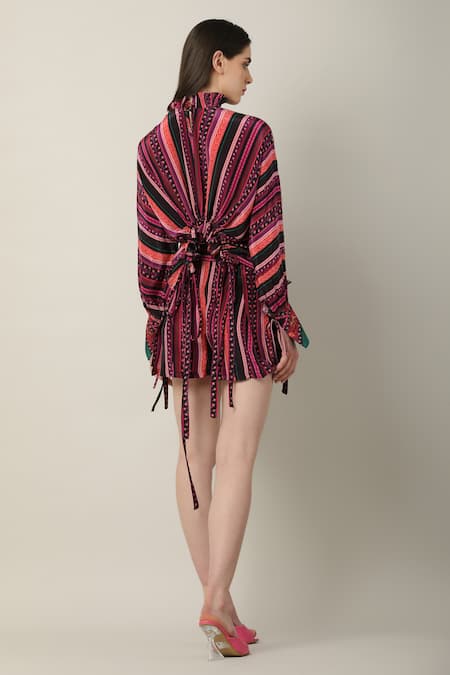 Shop Limerick By Abirr N' Nanki Multi Color Crepe Tassels Round Neck Jolene Stripe Print Draped Top at Aza Fashions Shop_Limerick By Abirr N' Nanki_Multi Color Crepe Tassels Round Neck Jolene Stripe Print Draped Top _at_Aza_Fashions