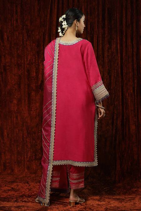 Shop Shikhar Sharma Pink Silk Chanderi Embroidered Pearl Round Neck Kurta Pant Set at Aza Fashions Shop_Shikhar Sharma_Pink Silk Chanderi Embroidered Pearl Round Neck Kurta Pant Set _at_Aza_Fashions