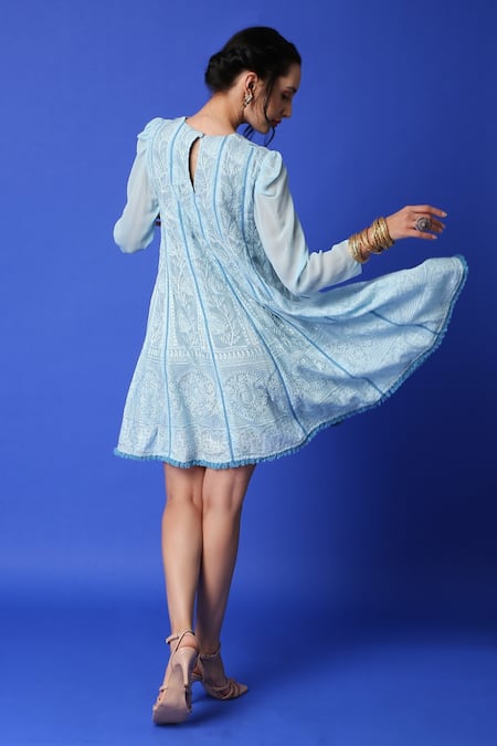 Shop Monk & Mei By Sonia Anand Blue Georgette Lace, Embroidery Keyhole Neck Chikankari Kurta at Aza Fashions Shop_Monk & Mei By Sonia Anand_Blue Georgette Lace, Embroidery Keyhole Neck Chikankari Kurta _at_Aza_Fashions